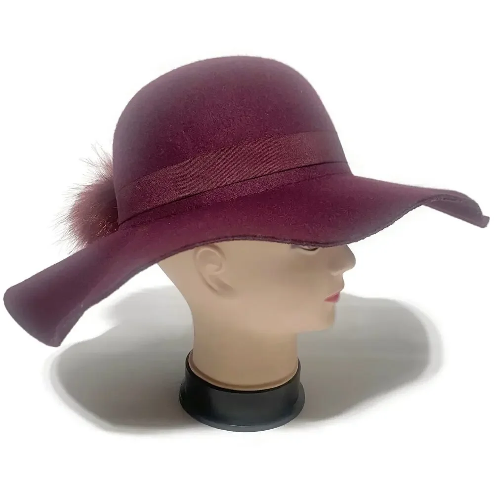 Torrid Wide-Brim Felt Hat With Fur Pom-Pom Deep Burgundy Purple Size S/M